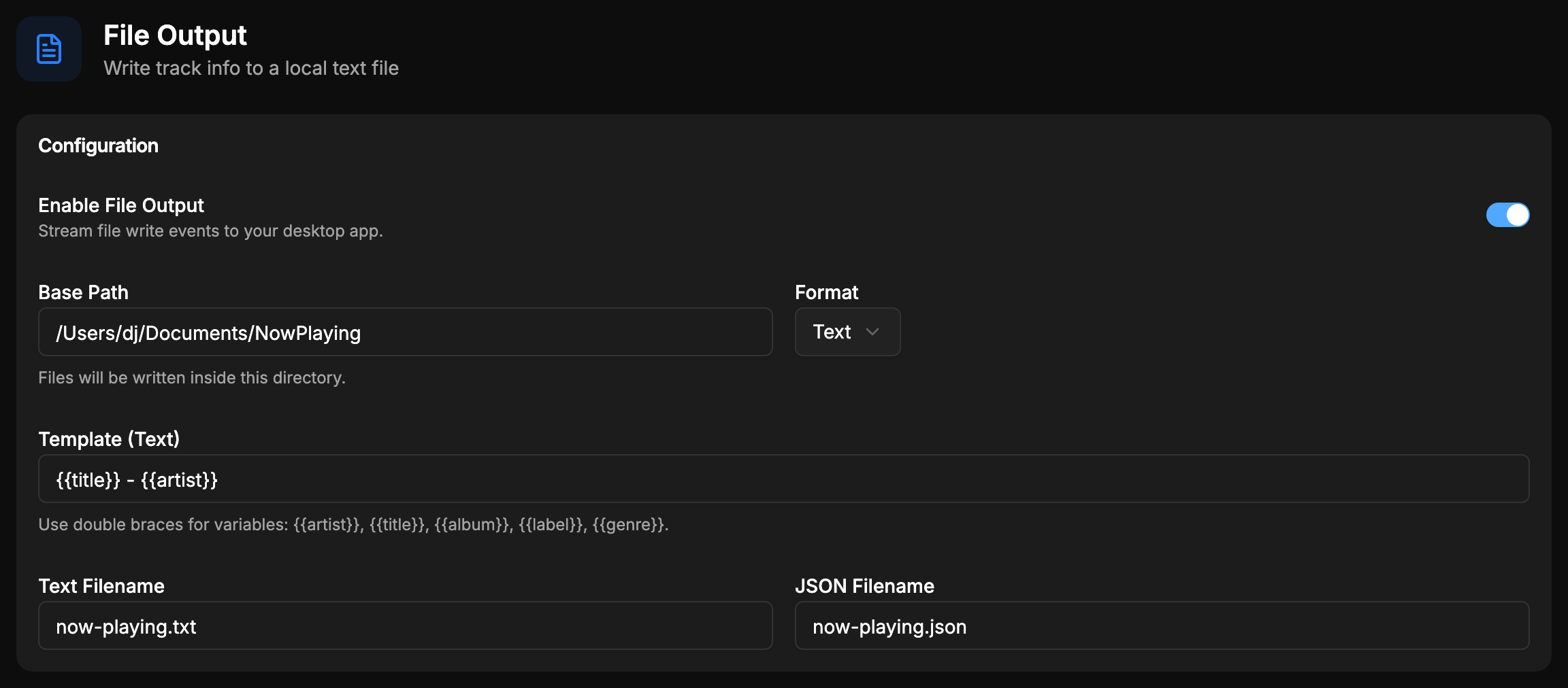 File Output settings: enabled, with a template configured that writes Strobe - deadmau5 to now-playing.txt
