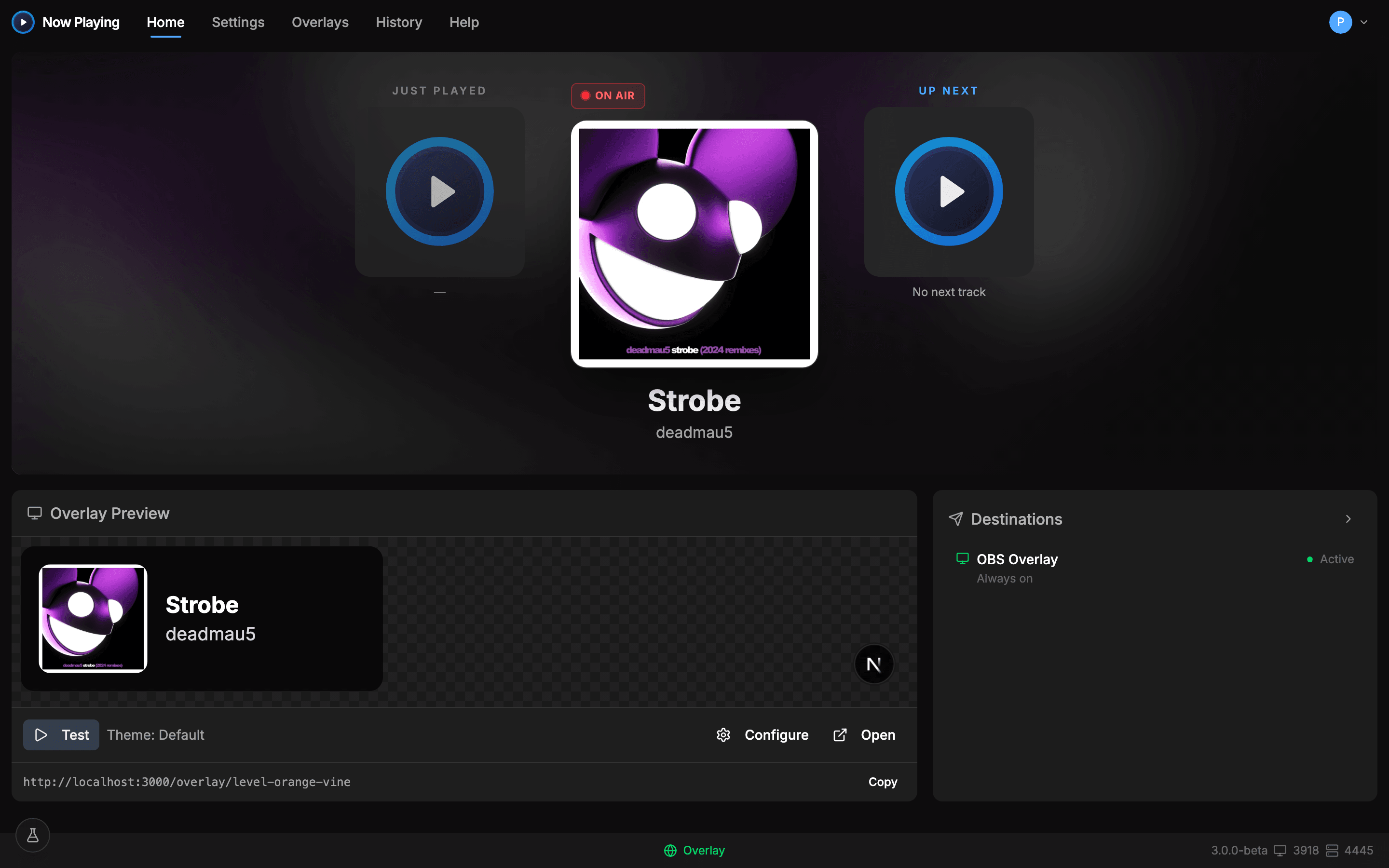 Now Playing right after setup: a track on air, the overlay preview live, and the overlay URL ready to copy