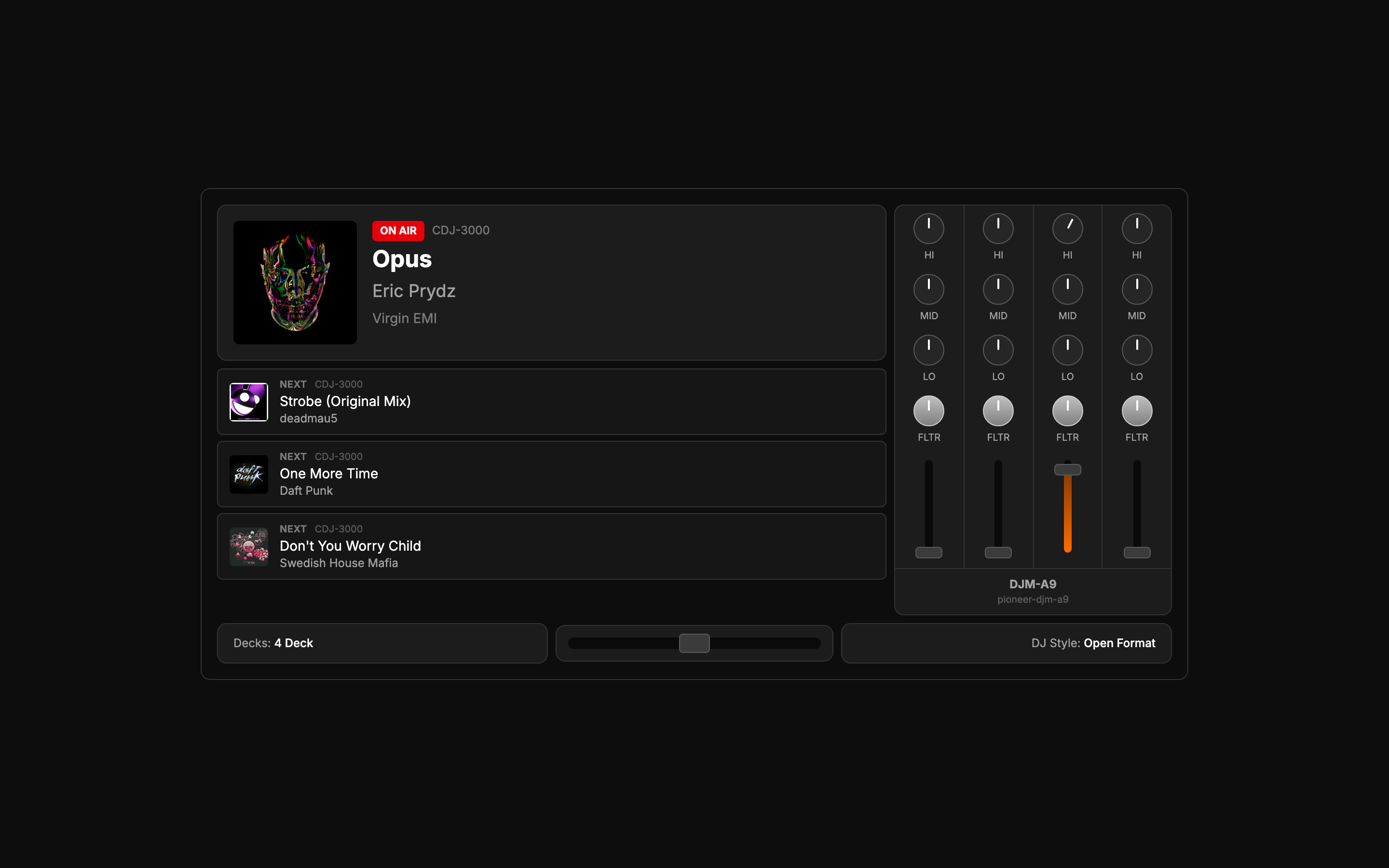 Now Playing with a track on air: Opus by Eric Prydz with album art, a next-up queue, and the DJM-A9 mixer strip