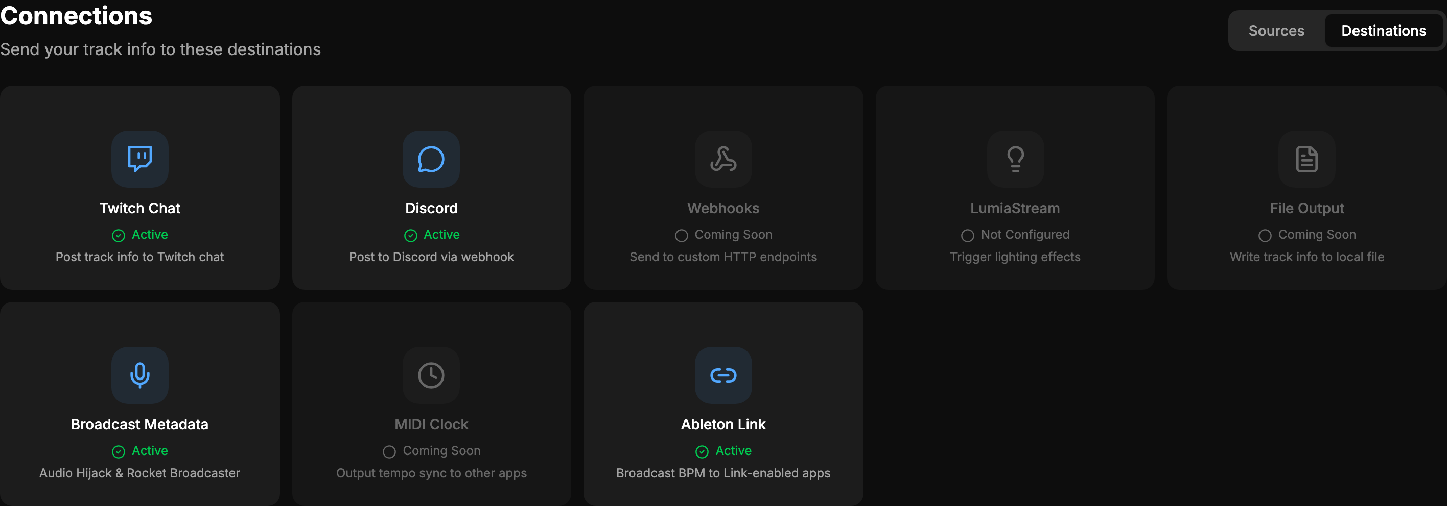 The Destinations panel with Twitch Chat, Discord, Broadcast Metadata, and Ableton Link active