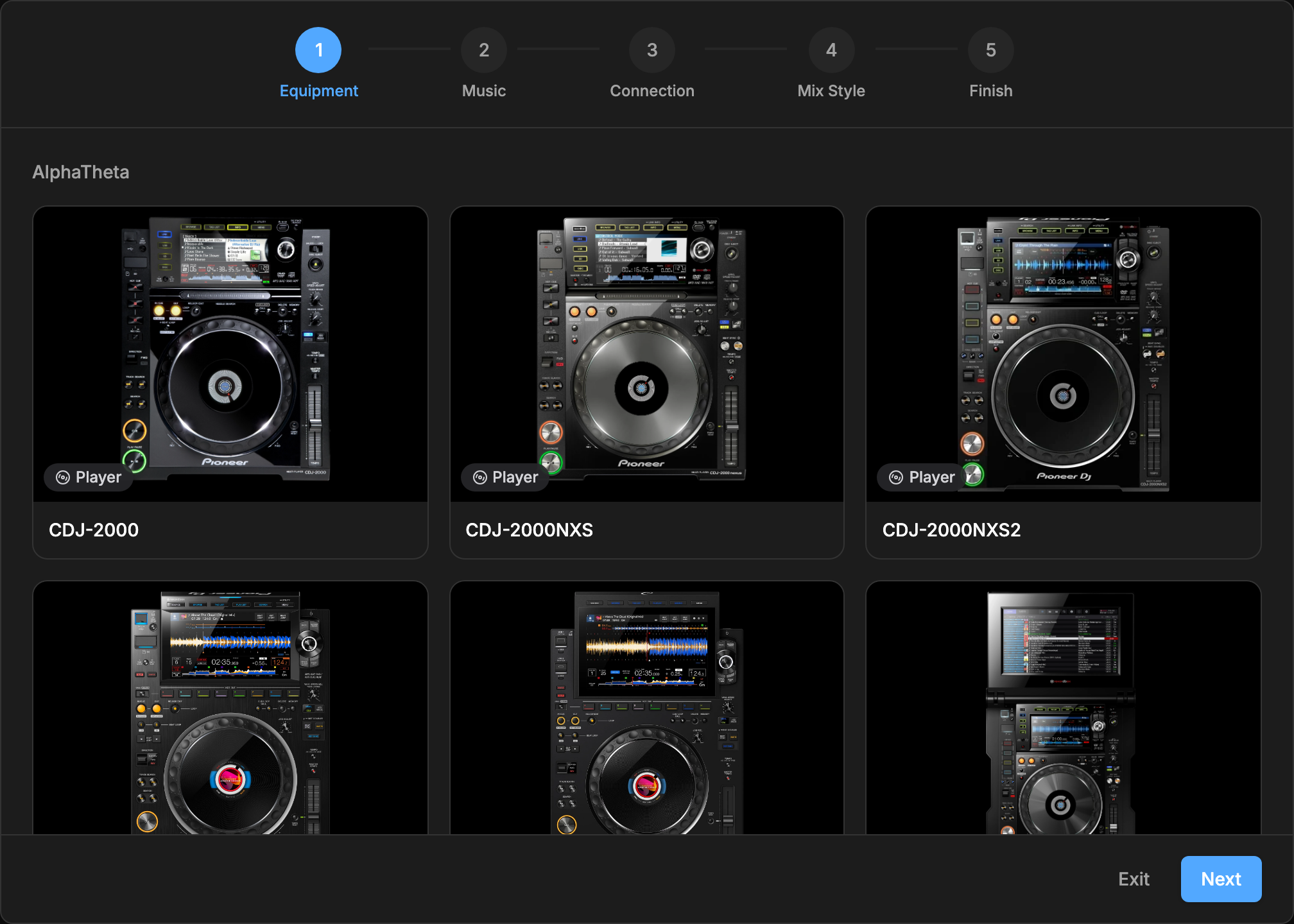 Onboarding wizard filtered to the AlphaTheta brand, showing the Pioneer CDJ lineup supported out of the box