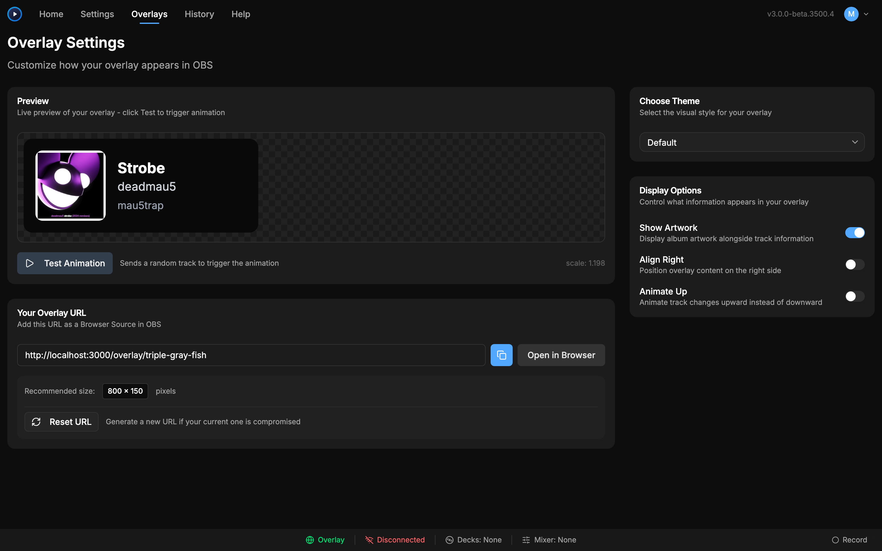 Overlay settings showing live preview, theme selector, and display options