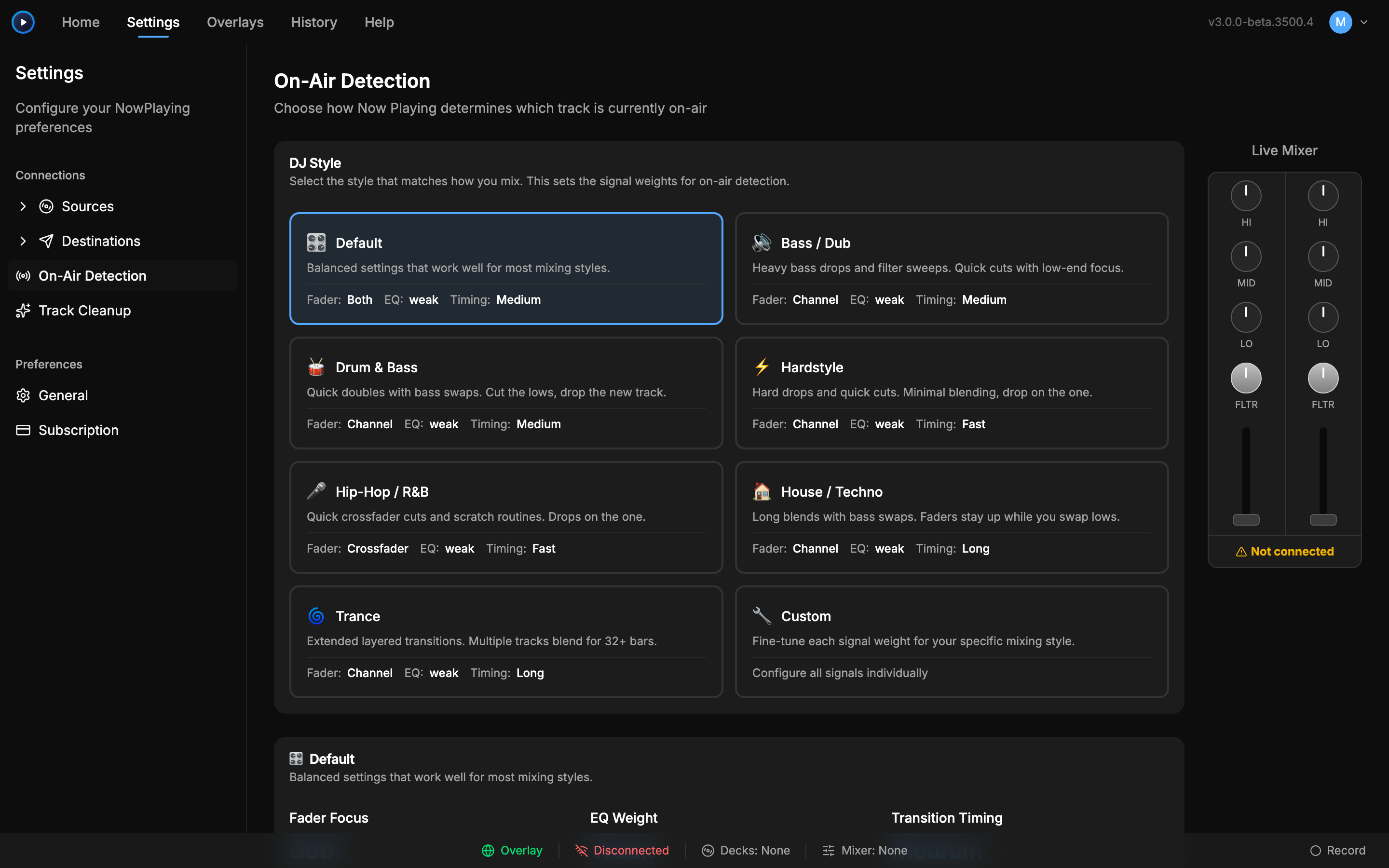 On-Air Detection settings with mix-style presets and a live mixer panel