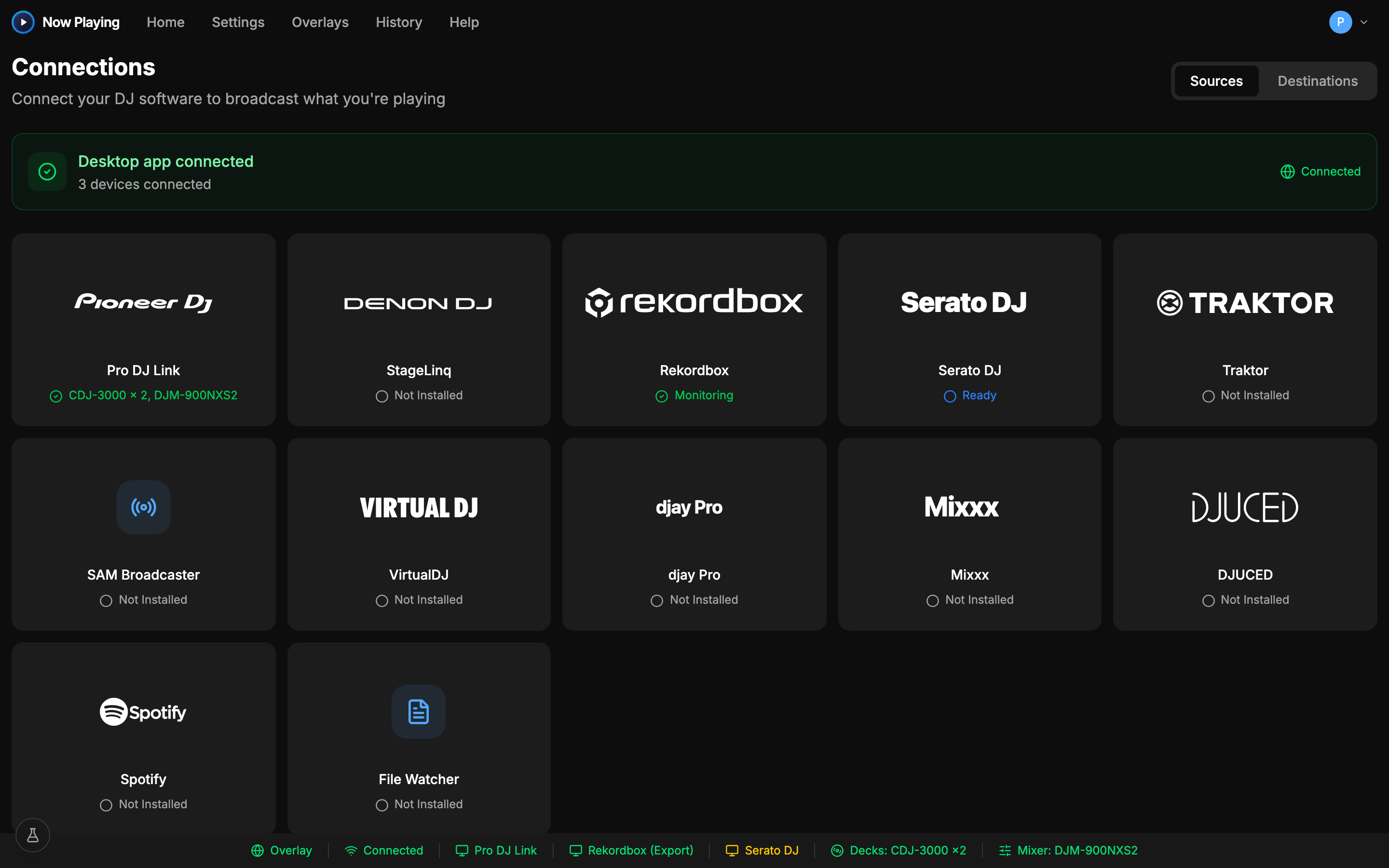 Now Playing's Sources screen with sources connected, the state Traktor Pro reports into