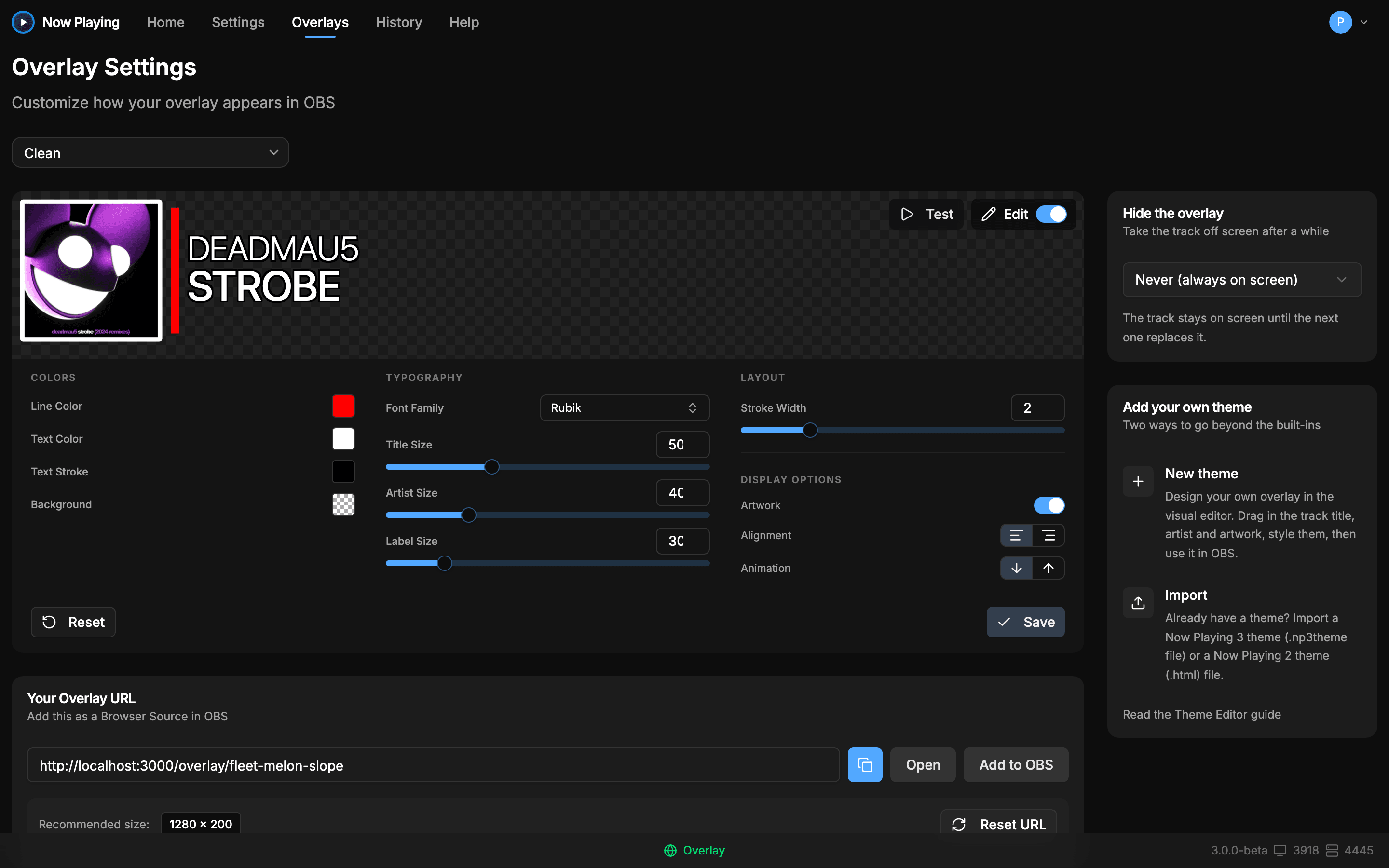 The theme editor with color, typography, and layout controls beside a live overlay preview