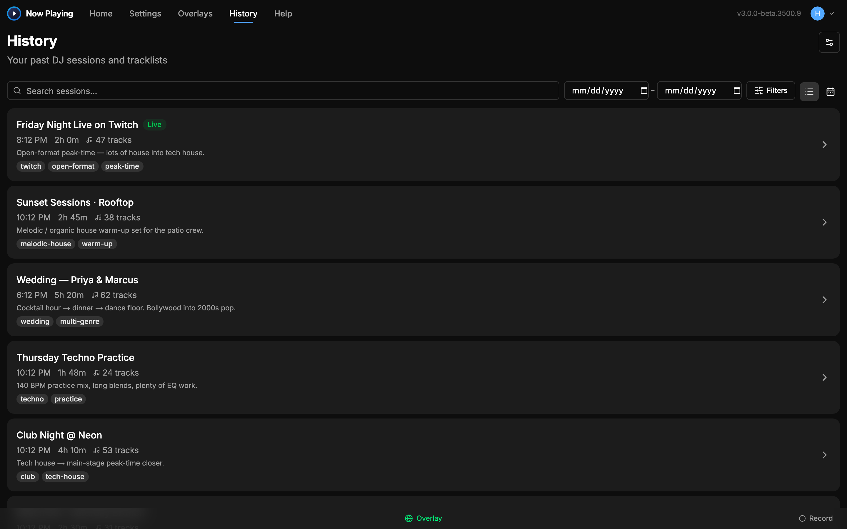 Track history timeline with export options